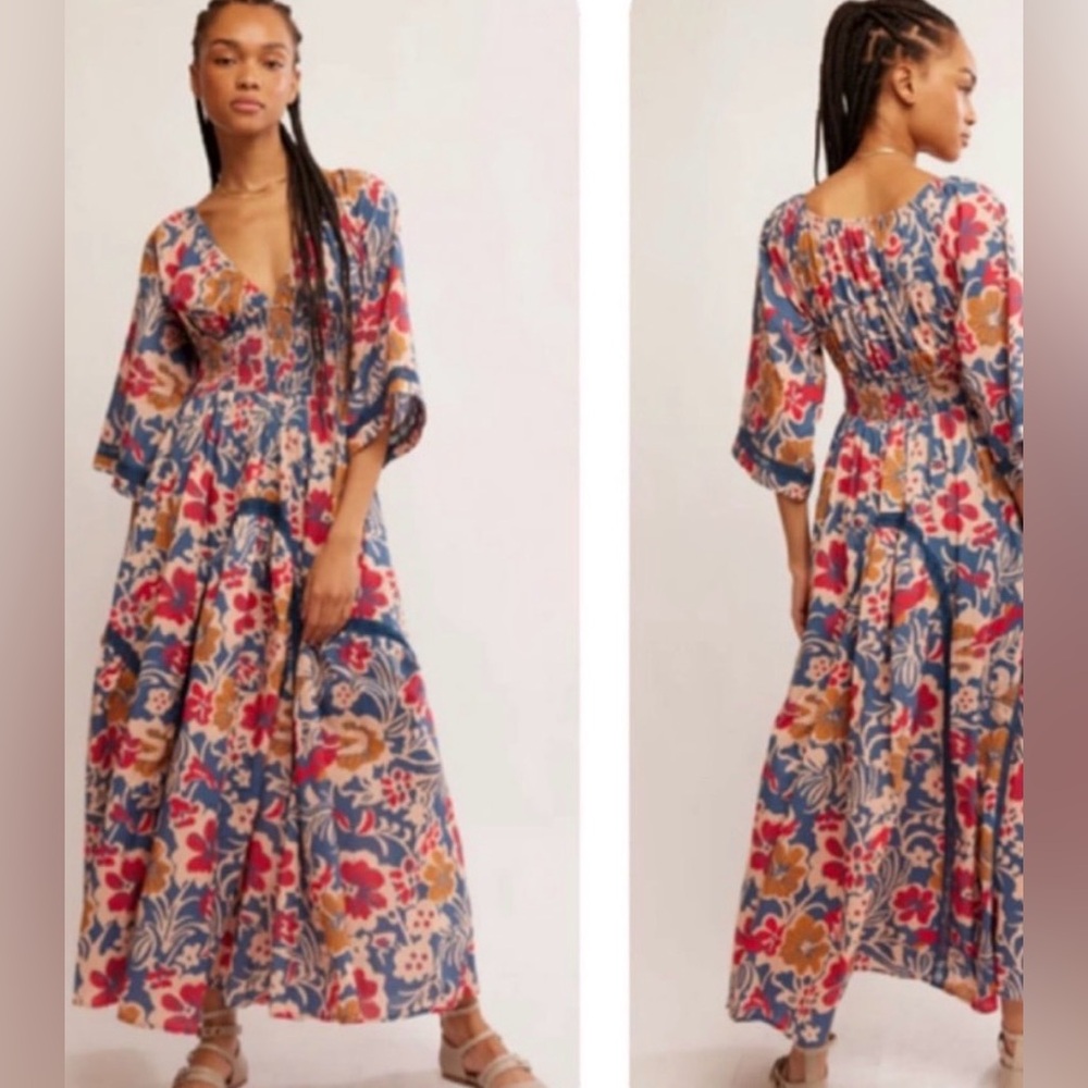 Free People Floral Maxi Dress in Blue, Red, Cream